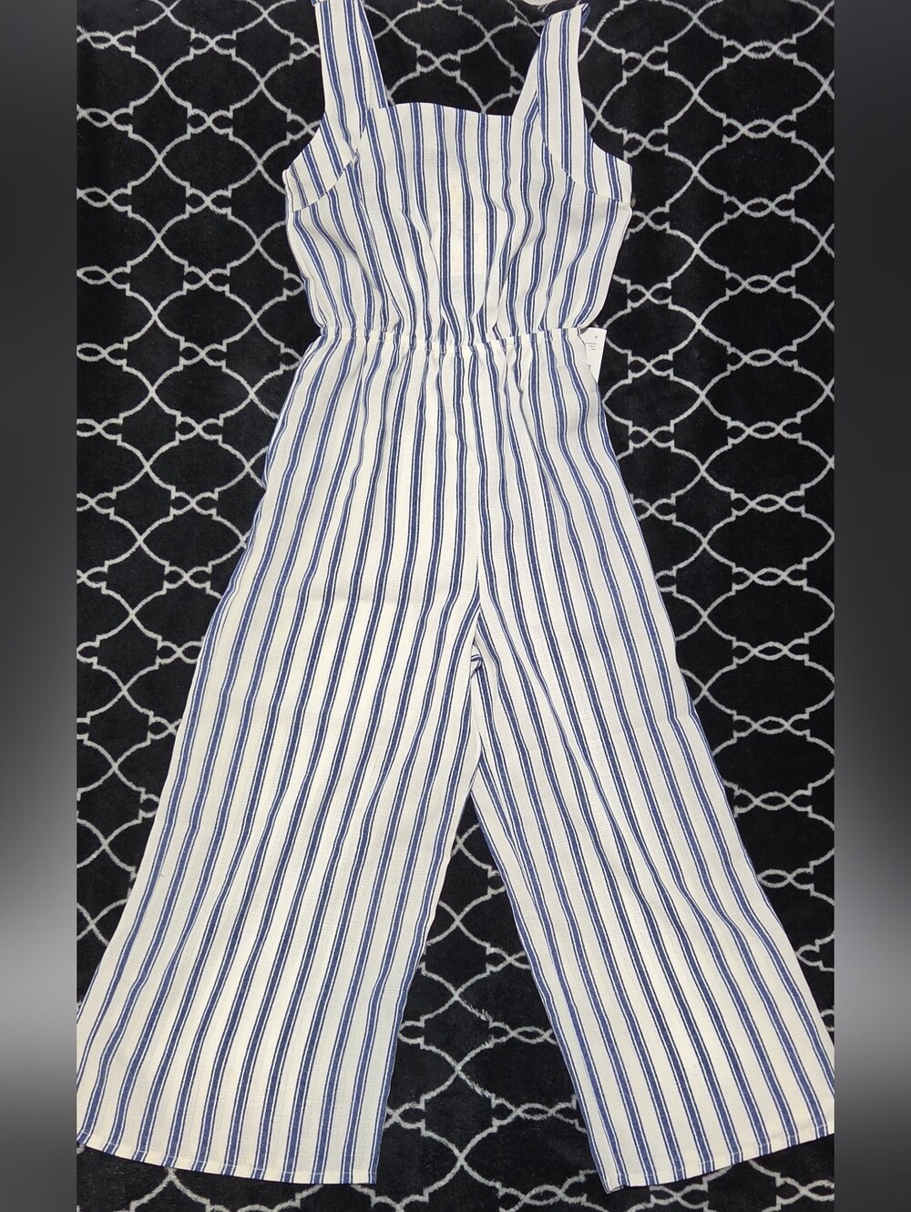 Girl's Striped Wide-Leg Jumpsuit in White and Navy Size 8